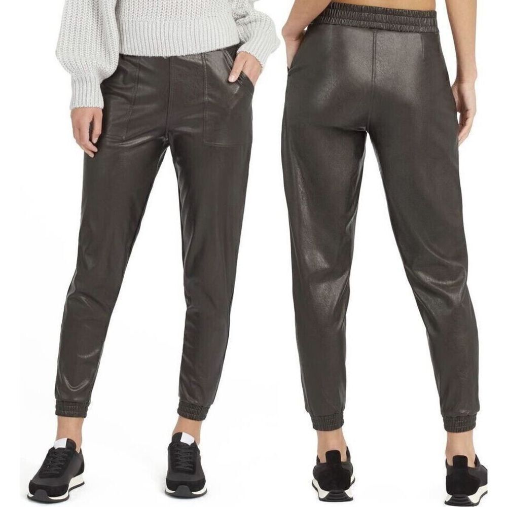 Spanx Joggers Black Faux Leather Like Pockets Elastic Waist Pants
